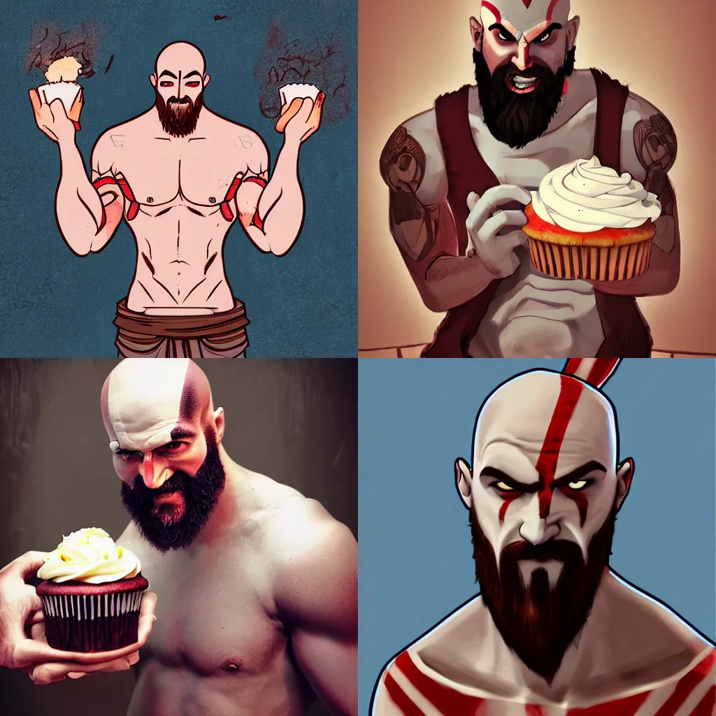 Prompt: Man (who looks like Kratos from God of War) baking cupcakes, digital art, half body portrait, half body shot, artstation, high quality, stylized, fluffy, happy, casual, cartoon,