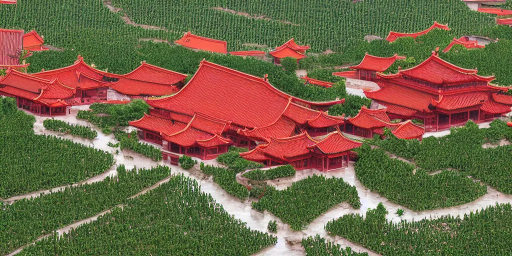 Prompt: A Chinese style winery with red walls and a green roof. The vineyards are sprawling and green, with a river winding through them. In the distance, there are mountains. by zhang zeduan, painting on silk, mi fu, immaculate scale, hyper-realistic, Unreal Engine, Octane Render, digital art, trending on Artstation, 8k, detailed, atmospheric, immaculate