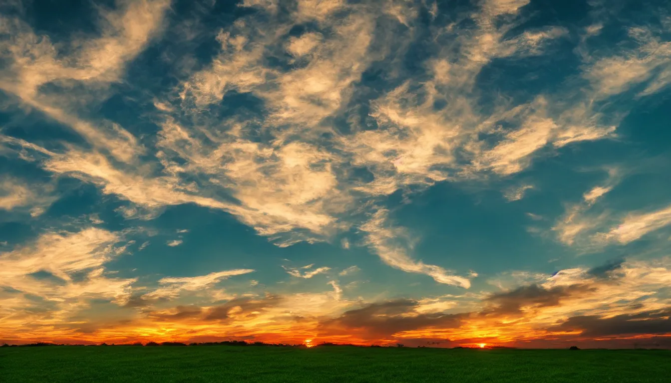 Prompt: an award-winning wallpaper of a beautiful grassy sunset, clouds in the sky, green field, DSLR photography, clear image, highly detailed, 8k
