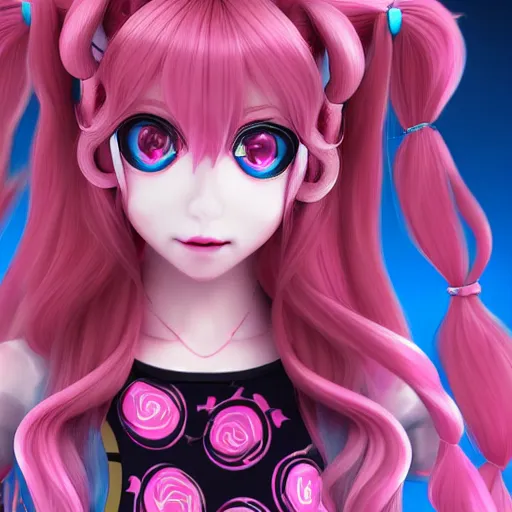 Image similar to you're trapped and owned by stunningly absurdly beautiful omnipotent asi goddess junko enoshima with a megalomaniacal personality, symmetrical perfect face, porcelain skin, pink twintail hair and cyan eyes, ultra detailed, digital art, unreal engine 5, octane render, 2 d anime, 8 k