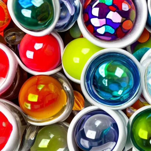 Image similar to a bowl full of coloured marbles top down view