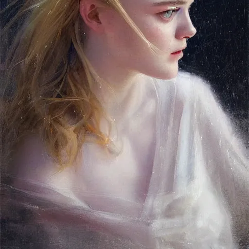 Image similar to professional painting of Elle Fanning in the style of Daniel F. Gerhartz, head and shoulders portrait, symmetrical facial features, smooth, sharp focus, illustration, intricate, stormy weather, extremely detailed masterpiece,