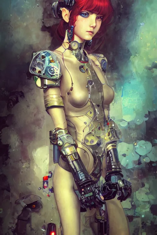 Image similar to portrait of beautiful young fairy cyborg, cyberpunk, Warhammer, highly detailed, artstation, illustration, art by Gustav Klimt and Range Murata and Ilya Kuvshinov and Sakimichan