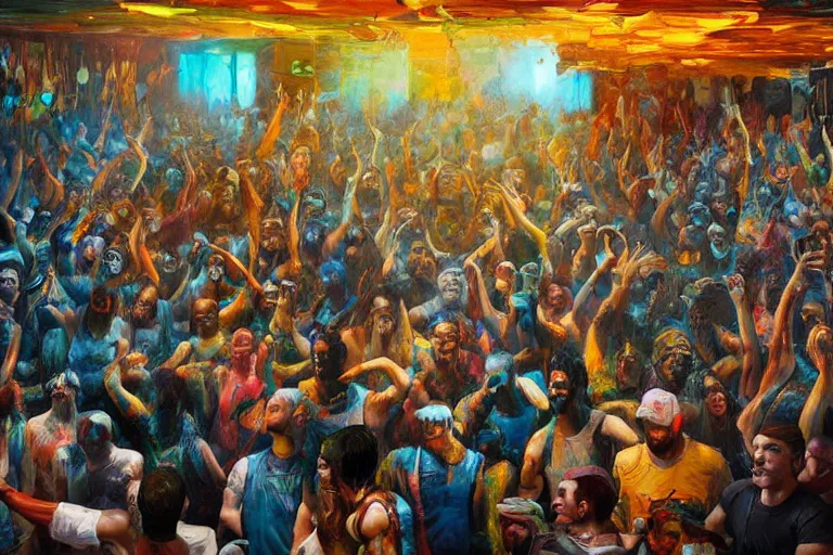 Prompt: palette knife oil painting of a crowd of clubbers surrounding a cement fight pit in a room with psychedelically lit exposed concrete walls., extreme detail, artstation trending, artgerm, any racial background, deviant art, octane, substance, art history 8 k