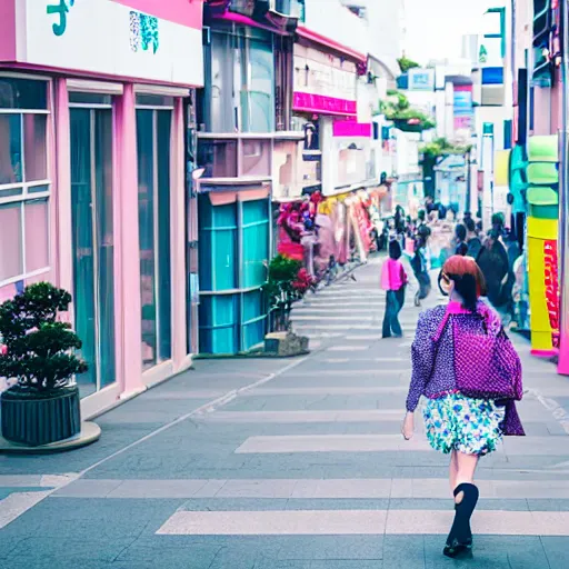 Image similar to a single person walking in Harajuku pastel colors