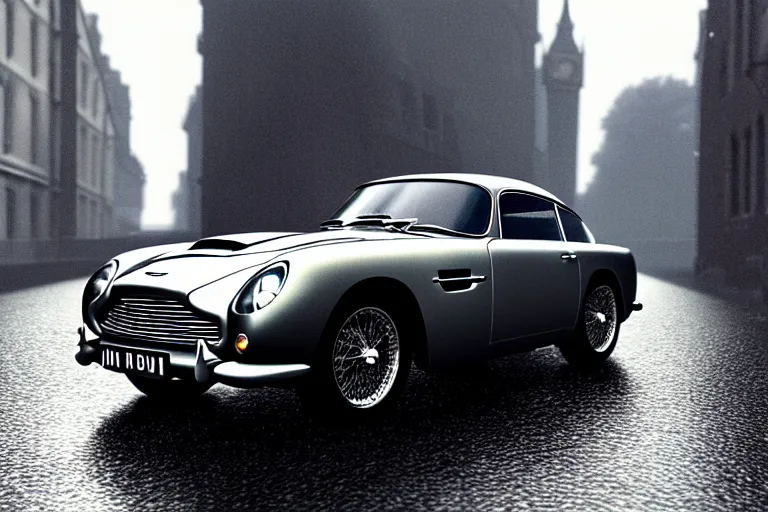 Image similar to a wholesome animation key shot of!! one!! focused!! aston martin db 5!!, front wheels turned, on a wet london street, raining, wide shot, studio ghibli, pixar and disney animation, sharp, very detailed, high resolution, rendered in unreal engine 5, anime key art by greg rutkowski, bloom, dull atmospheric lighting