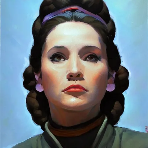 Image similar to greg manchess portrait painting of leia organa as overwatch character, medium shot, asymmetrical, profile picture, organic painting, sunny day, matte painting, bold shapes, hard edges, street art, trending on artstation, by huang guangjian and gil elvgren and sachin teng