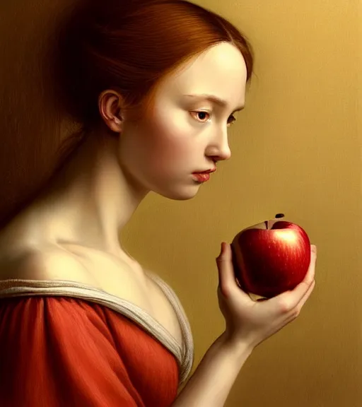 Prompt: portrait of a woman and an apple sitting upon a table with heightened detail, poised, intense emotion, detailed facial expression, detailed surroundings, intricate, elegant, highly detailed, centered, digital painting, artstation, concept art, smooth, sharp focus, illustration, by ( leonardo da vinci ), wlop