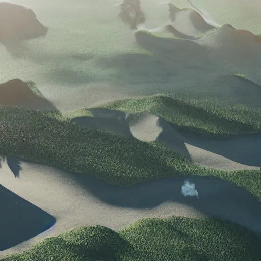 Image similar to majestic landscape, realistic, atmospheric, tilt shift, aerial photo, 8 k, octane render, unreal engine