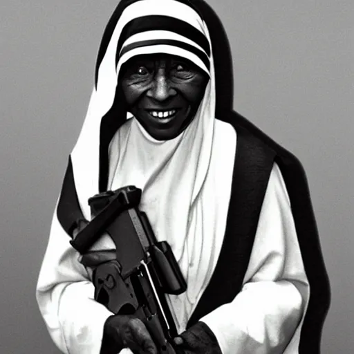 Prompt: Mother Theresa with an AK-47