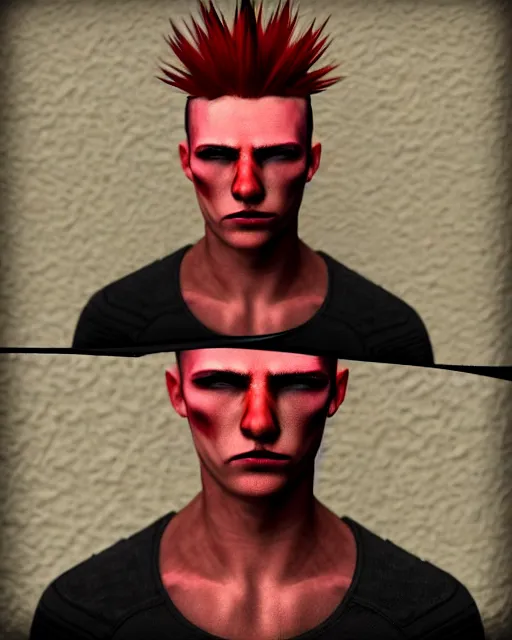 Image similar to young man with a short red dyed mohawk, red irises and a slim face, piercings, dressed in crustpunk clothing, headshot, attractive, handsome, model, trending on artstation, high quality art, character design, realism art, award winning art, in color, no makeup, no tattoos