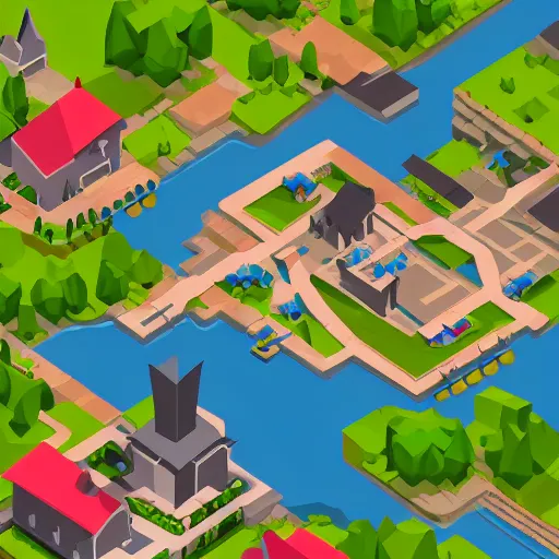 Prompt: small fantasy town, view from above, isometric, stylized, low poly, river, watermill