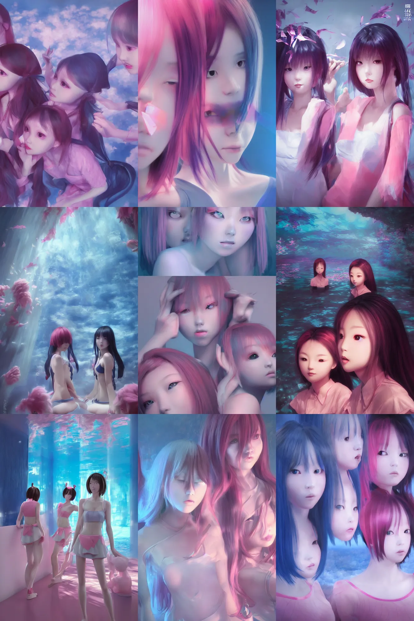 Image similar to 3d dark infrared octane render concept art by D. Jun, by Mo Xiang Tong Xiu, by Igarashi Daisuke, beauty portrait anime schoolgirls under dark pink and blue water. cute face. complex mirror room. dramatic light, trending on artstation.