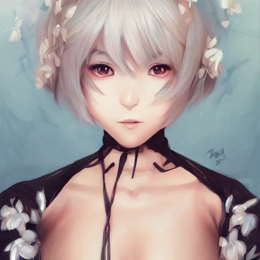 Image similar to A realistic anime portrait of a beautiful 2B from Nier Automata with a human face wearing a kimono, digital painting, by Stanley Artgerm Lau, WLOP, and Rossdraws, digtial painting, trending on ArtStation, deviantart