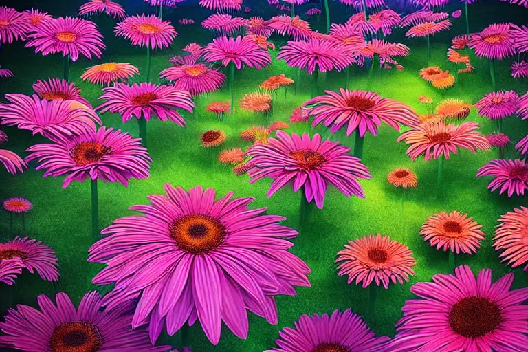 Prompt: beautiful field of giant gerber daisy flowers digital illustration by dr. seuss : 1 | colorful surreal psychedelic megaflora forest by beeple : 1