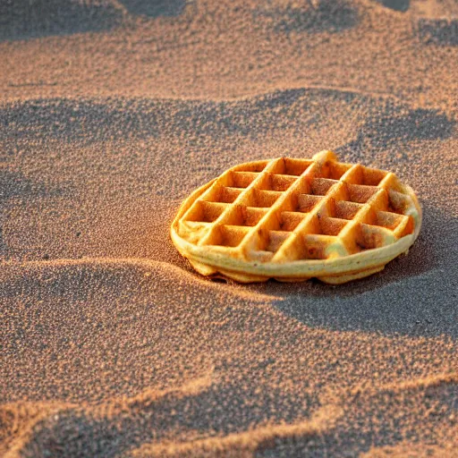 Prompt: an eggo waffle in the sand on the beach, high quality photograph, sigma 8 5 mm f / 8