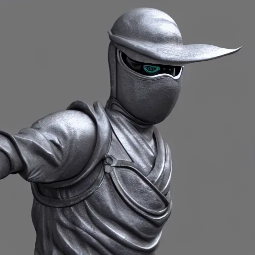 Image similar to 3 d rendering of marble and chrome statue of ninja wearing full face mask and hunter hat, combat suit, technological, octane render