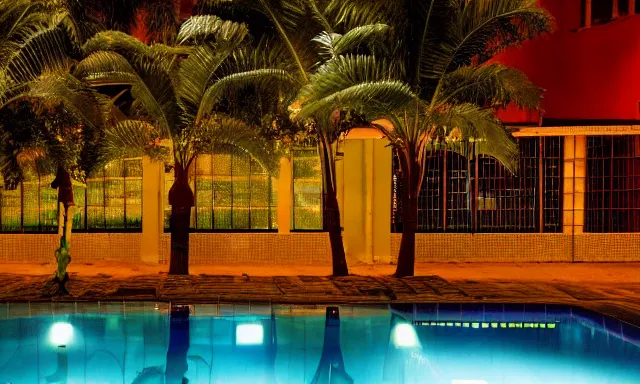 Image similar to indoor pool with ferns and palm trees at night, shops, pool tubes, chromatic abberation, dramatic lighting, depth of field, 80s photo