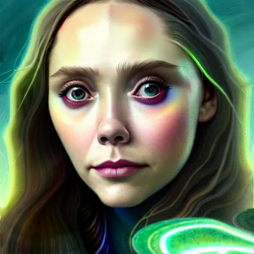 Image similar to portrait painting of elizabeth olsen wanda maximoff with green skin and pointy ears wearing sci - fi clothes, ultra realistic, concept art, intricate details, eerie, highly detailed, photorealistic, octane render, 8 k, unreal engine. art by artgerm and greg rutkowski and charlie bowater and magali villeneuve and alphonse mucha