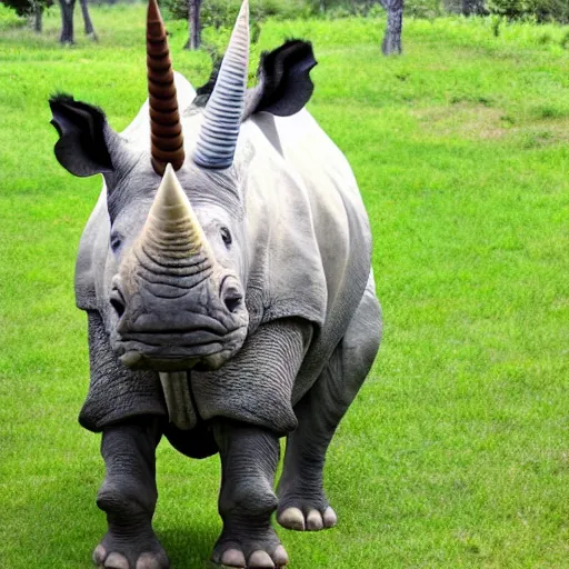 Prompt: photo of a bipedal creature with a rhino face and long tail and unicorn horn