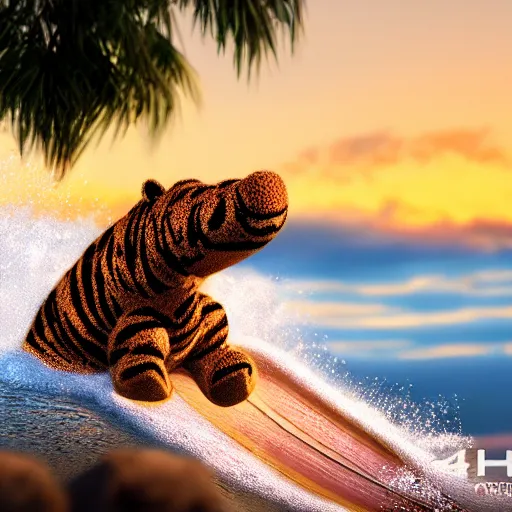 Image similar to a closeup photorealistic photograph of a cute smiling knitted tiger hippopotamus riding a wave at sunset. surf in background. professional capture. brightly lit scene. this 4 k hd image is trending on artstation, featured on behance, well - rendered, extra crisp, features intricate detail, epic composition and the style of unreal engine.