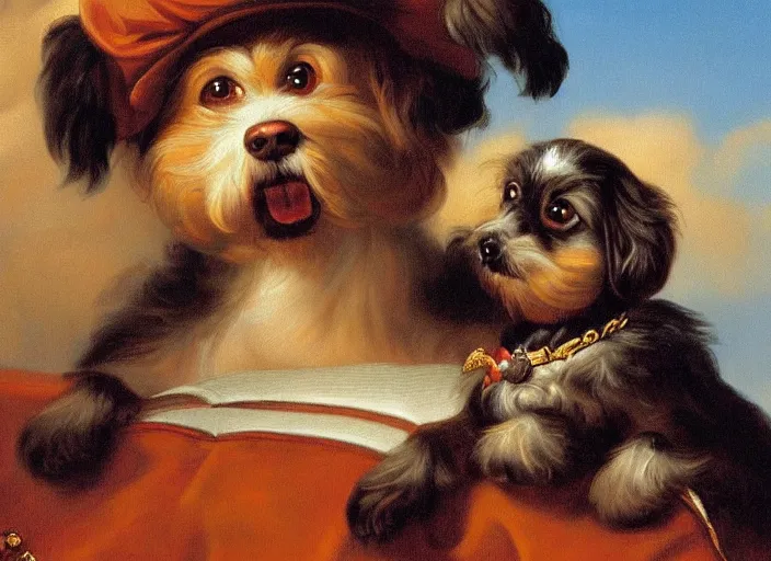 Prompt: baroque rococo painting The King's Dog portrait Greg Hildebrandt high detail cute puppy