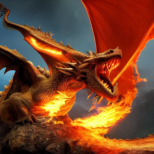 Image similar to 3D rendering of a dragon breathing fire, 4K, detailed, artstation, hyper-realistic