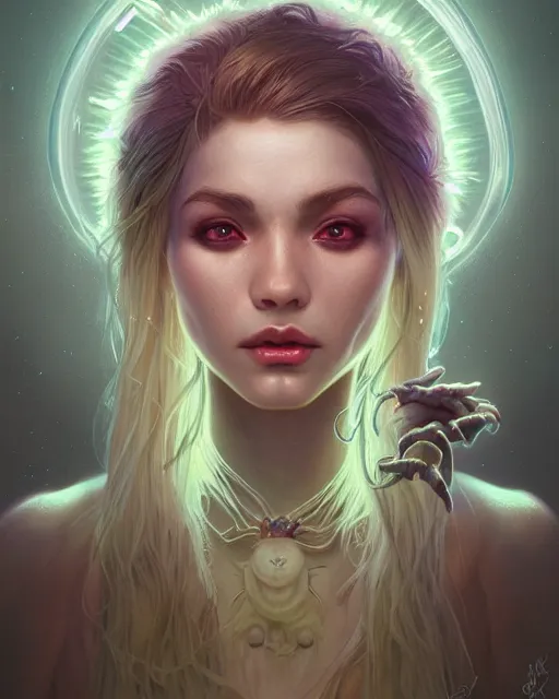 Image similar to portrait of a cute female racoon, bioluminescent, veins, horror, happy, highly detailed, digital painting, cinematic, hyperrealism, dark retrowave, art by stanley lau and artgerm and magali villeneuve and alphonse mucha, artstation, octane render, cgsociety