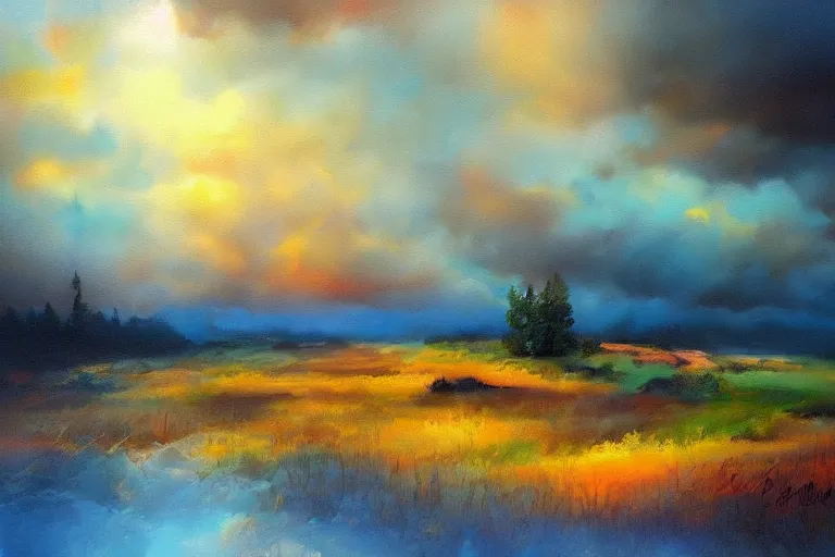 Prompt: amazing landscape painting with moody clouds and unusual colors, random-artist-blend