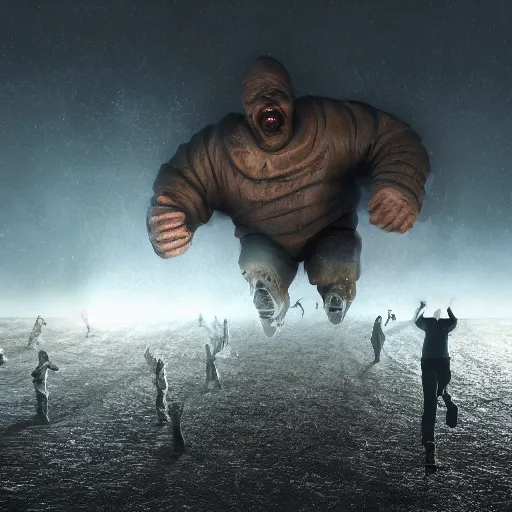 Image similar to people running away scared from a giant with bitcoin head, cinematic, sci-fi art, hyper-realistic, 8k