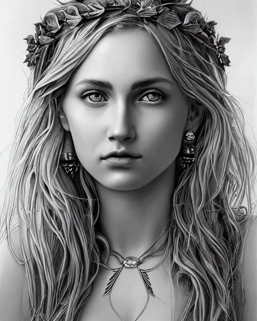 Prompt: drawing of a beautiful greek goddess aphrodite wearing a laurel wreath and arrowhead earrings, beautiful confident and piercing eyes, beautiful blonde hair, hyper realistic face, in the style of greg rutkowski, fantasy, amazing detail, epic, elegant, smooth, sharp focus, from the front