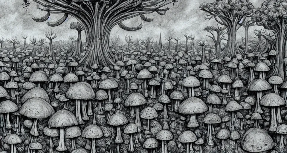 Image similar to A tribal village in a forest of giant mushrooms, by HR Giger