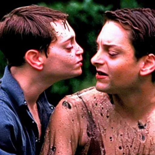 Prompt: tobey maguire kissing tobey maguire, kinda wet and sloppy, drooling