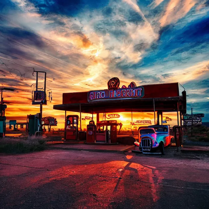 Image similar to a sunset light landscape with historical route 6 6, lots of sparkling details and sun ray ’ s, blinding backlight, smoke, volumetric lighting, colorful, octane, 3 5 mm, abandoned gas station, old rusty pickup - truck, beautiful epic colored reflections, very colorful heavenly, softlight