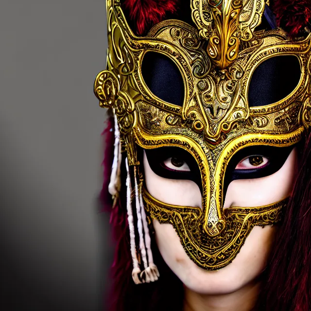 Image similar to portrait photo of a female warrior with ornate venetian mask highly detailed, 4 k, hdr, close up, portrait, smooth, sharp focus, high resolution, award - winning photo