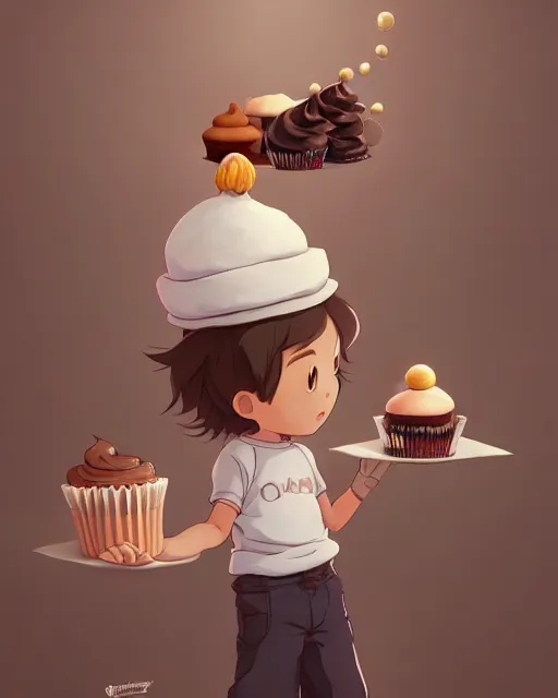 Image similar to a boy as personification of chocolate cupcake, cute hats, unreal engine, highly detailed, digital illustration by artgerm, tooth wu, studio ghibli, deviantart, sharp focus, artstation, he is standing inside a fantasy bakery by greg rutkowsky, sweets, dog