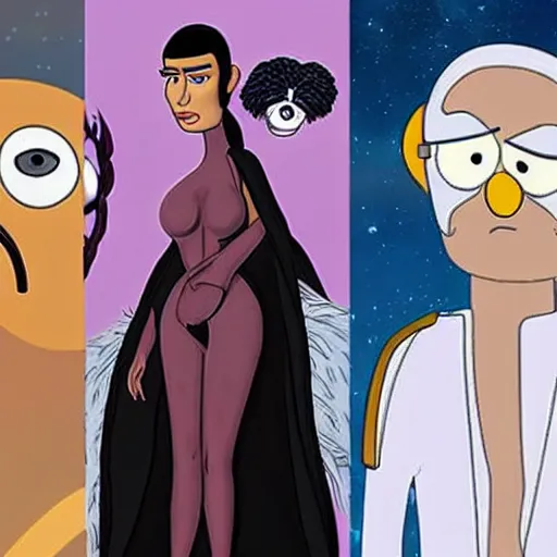 Image similar to kim kardashian in star wars with the beatles and bird person from rick and morty simpsons style high detail