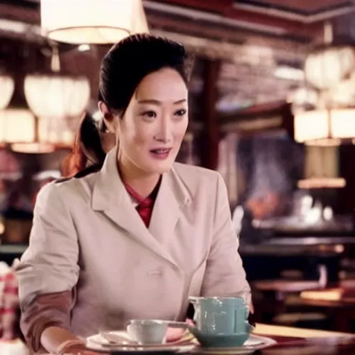 Image similar to film still of chinese actress gong li as a waitress in a cafe in iron man