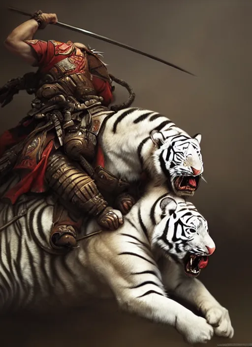 Image similar to samurai riding on a white tiger, subsurface scattering, by jesper ejsing, justin gerard, tomasz alen kopera, cgsociety and fenghua zhong, highly detailed, rim light, cinematic lighting, illustration, art, octane render, very coherent, cinematic, hyper realism, high detail, octane render, 8 k