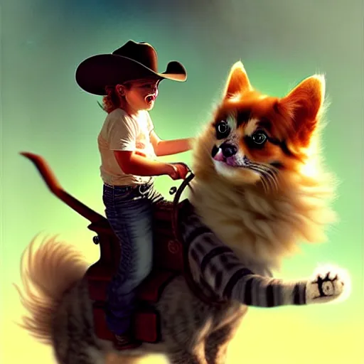 Image similar to fluffy cat in cowboy hat like a tiny girl riding on the back of a giant corgi by greg rutkowski