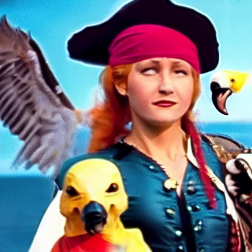 Image similar to Swashbuckling pirate holding her parrot, colorized still from the movie a trip to the moon