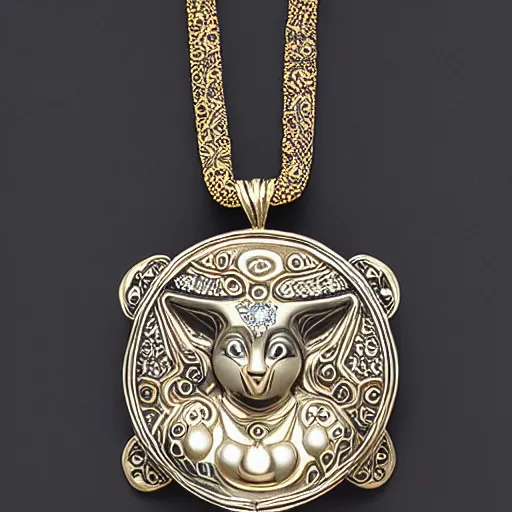 Prompt: artnouveau necklace of sekhmet and bastet by René lalique