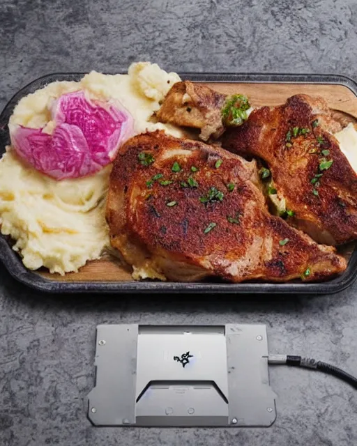 Image similar to porkchops and mashed potatos on the new razer gaming LED plate, HD, trending on artstation, instagram post, LED