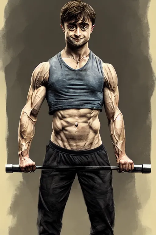 Image similar to highly detailed rendering of Daniel Radcliffe as Harry Potter doing barbell back squats, dingy workout gym, wearing a muscle tee shirt, muscular deep squats, symmetrical, highly detailed, digital painting, artstation, concept art, smooth, sharp focus, illustration, cinematic lighting, art by artgerm and greg rutkowski and alphonse mucha