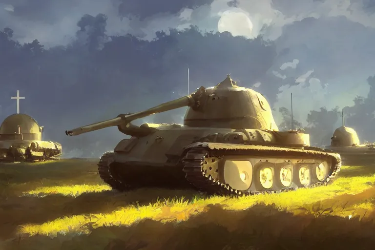 Prompt: a church built on top of a tank. in an open field. key visual, conceptart, ambient lighting, highly detailed, digital painting, artstation, concept art, sharp focus, by makoto shinkai and akihiko yoshida and greg manchess