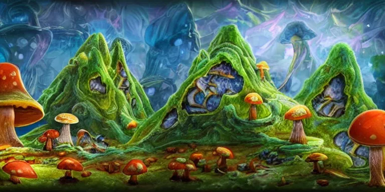 Image similar to a crystal and mushroom ridden world, extinct species, epic land formations, detailed, wide shot,