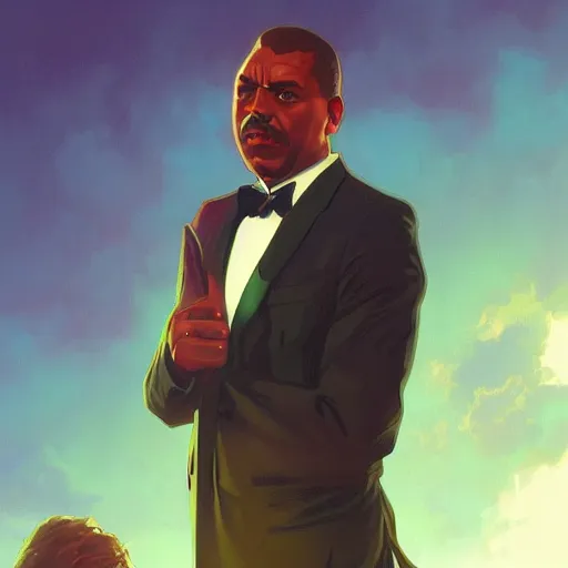 Image similar to black businessman talking against a green screen backdrop, digital painting, artstation, smooth, sharp focus, illustration, art by artgerm and greg rutkowski and alphonse mucha