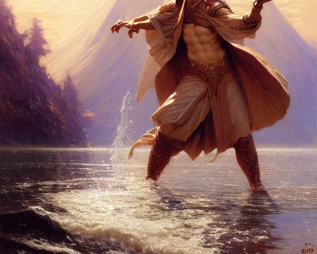 Image similar to attractive male wizard casting powerful giant tsunami spell in a beautiful lake. highly detailed painting by gaston bussiere, craig mullins, j. c. leyendecker 8 k