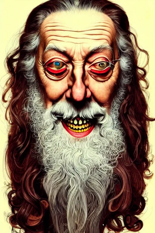 Prompt: Alan Moore smiling with a bloodstain in his right eye, portrait by Joshua Middleton and Norman Rockwell, wide shot, stunning elegant, futuristic spy, tribal mask, beautiful evil sneer, symmetrical face, symmetrical eyes, badass clothing, long white hair, full body, character design, fibonacci pattern
