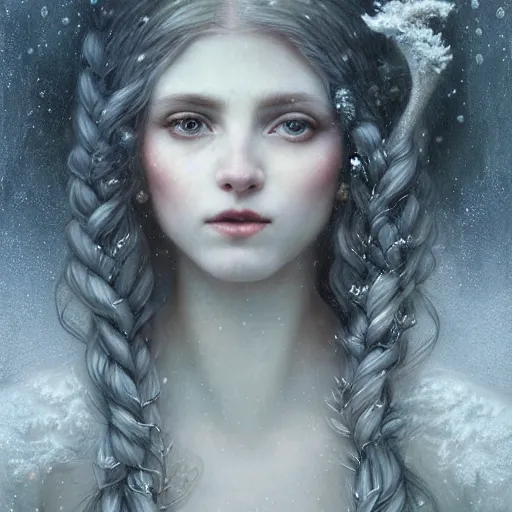 Image similar to Beautiful Delicate Detailed portrait of snow woman, With Magical grey eyes by Tom Bagshaw, Bastien Lecouffe Deharme, Erik Johansson, Amanda Sage, Alex Grey, Alphonse Mucha, Harry Clarke, Josephine Wall and Pino Daeni, Delicate winter frozen creature With long white windy Hair and Magical Sparkling Eyes, Magic Particles; Magic Swirls, 4K; 64 megapixels; 8K resolution concept art; detailed painting; digital illustration; hyperrealism; trending on Artstation; Unreal Engine Photorealistic, lifelike, Unreal Engine, sharp, sharpness, detailed, 8K